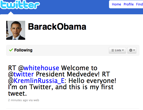 Привет Обамы Медведеву в "Твиттере"